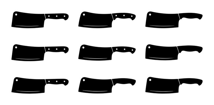 Set of six black cleaver knives icons, kitchen utensils, cooking tools, food preparation Vector