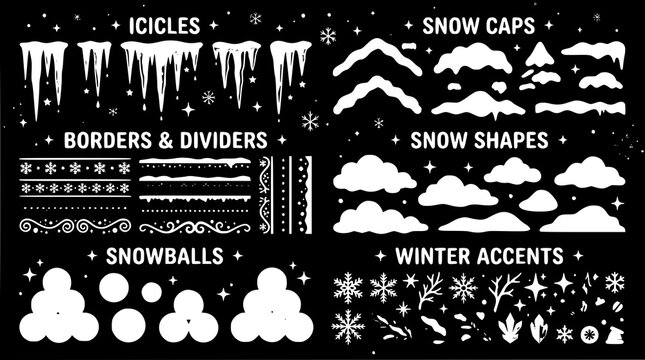Snow cap collection with icicles snowballs and winter decorative elements