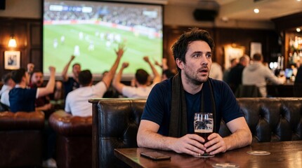 Obraz premium Shocked Football Fan Sitting in Pub and Staring in Disbelief while Crowd Celebrates Goal on Screen, Disappointed or Anxious Soccer Supporter in Bar, Emotional Sports Reaction, Commercial Stock Photo