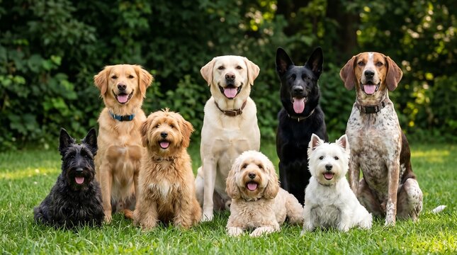A happy group of various dog breeds sit and lie together on a lush green grass field with a blurred background of leafy trees.