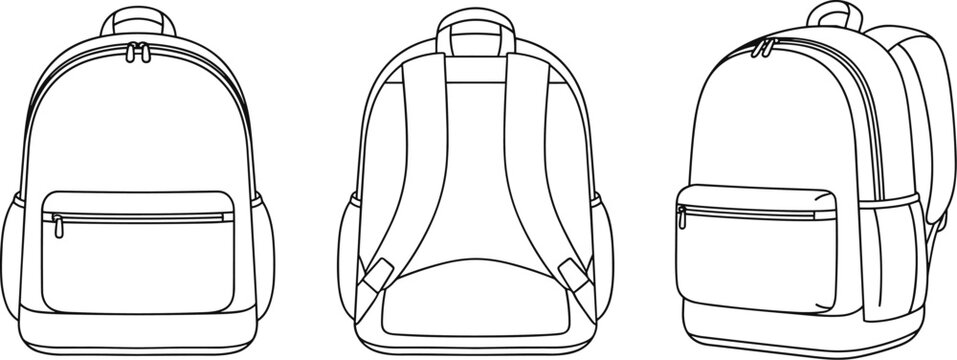 Backpack line illustration showcasing front back and angled views with shoulder straps and zippered pocket rucksack schoolbag daypack travel pack carryall drawstring