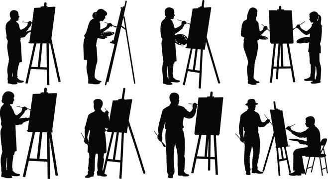Artist silhouettes painting on easels a flat vector illustration with a white background artists painter painters art artwork easel paintings palette palettes
