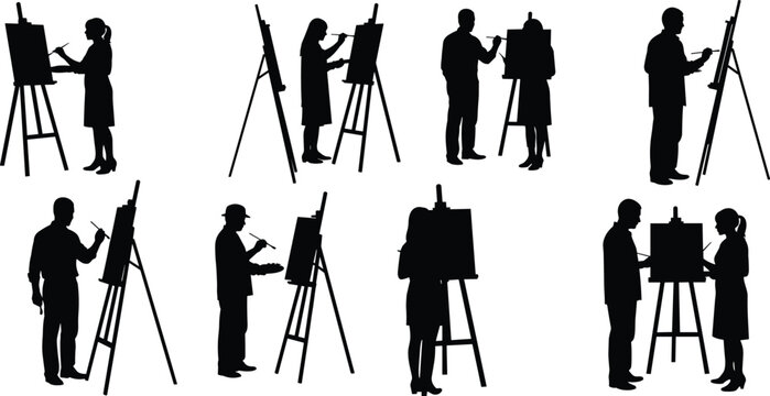 Artists Painting Silhouette Set Black Vector Illustration On White Background artist painter painters art artwork creative creativity paintings easel easels palette palettes