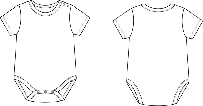 Baby onesie technical illustration front and back views with short sleeves and round neckline flat vector artwork infant bodysuit garment clothes design