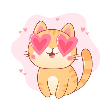 Cute happy cat with hearts sticker, character in love. Vector illustration in simple style