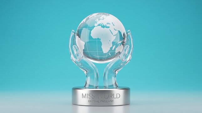 Miss world global pageant trophy with globe and hands on silver base