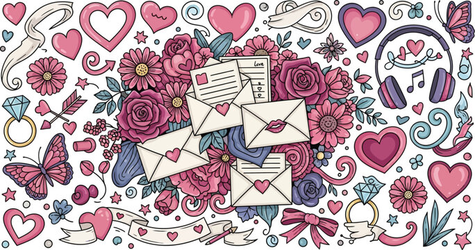 Romantic valentine doodle composition with envelope flower heart ring banner