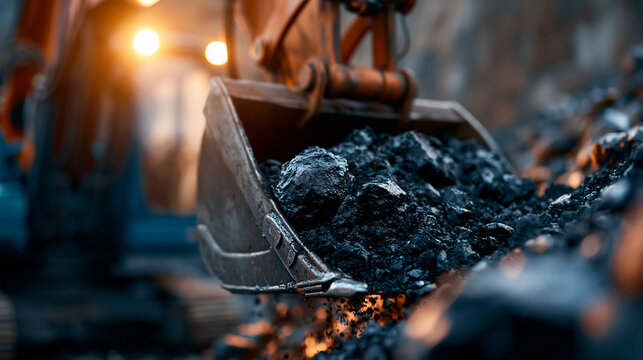 Close-up excavator bucket scooping dark coal from a bench in an open-pit mine, rough textures and strong contrast, coal mining, excavator bucket, open pit, raw material, with copy space
