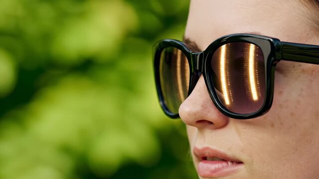 Woman wearing sunglasses with urban reflection in lenses. Profile view of caucasian girl with freckles outdoors. Summer eyewear fashion accessory style concept