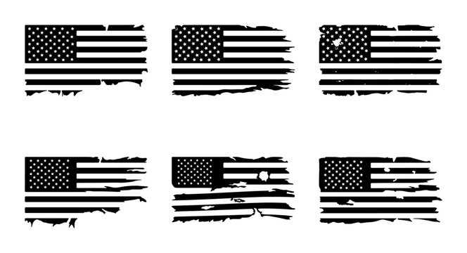 Set of six distressed american flag icons with stars and stripes in black and white Vector