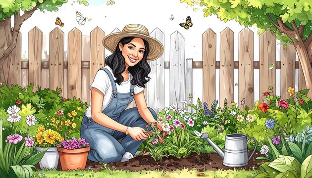 Woman Gardening Planting Flowers In Summer Garden