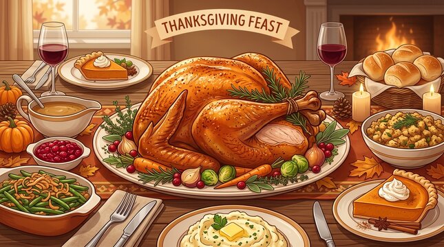 A traditional Thanksgiving feast with roasted turkey and side dishes on a table.