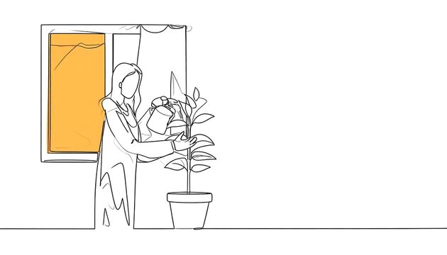 Woman watering plant in pot near window with curtain