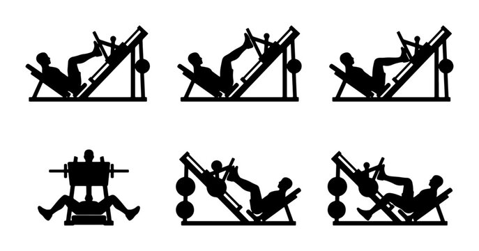 Set of icons showing people exercising on gym equipment, weight lifting, leg press, and strength training Vector