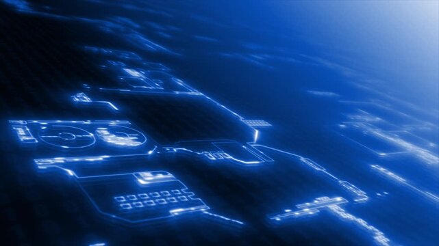 Royal blue  color microchip glowing big data transfer binary code hi tech design loopable black technology background
