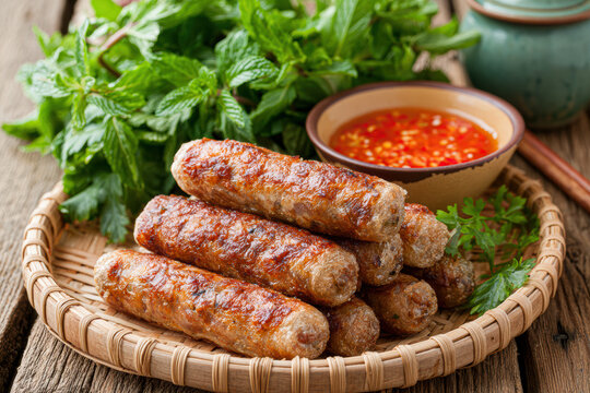 Five grilled Vietnamese sausage rolls on a woven bamboo tray with fresh mint and a bowl of chili dipping sauce.