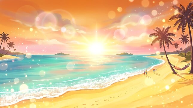 Beautiful tropical beach sunset with palm trees and family walking on the sand