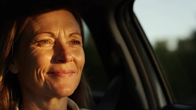 Woman driving a car at golden hour. Smiling adult woman traveling in vehicle during sunset. Automotive transportation and daily commute lifestyle concept