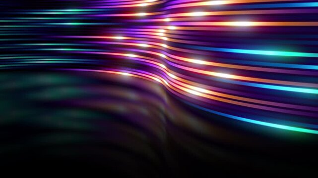 Neon 3D curved wall of lines in motion, with copy space. Abstract background loop. Glowing stripes. Technology theme.