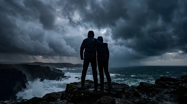 Couple standing on rocky coastline facing stormy weather