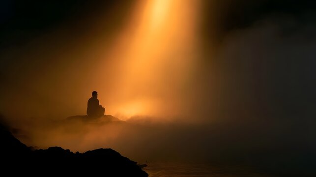 An ic scene bathed in a warm thoughtful glow creates a deeply serene and compelling atmosphere