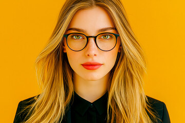Fototapeta premium Portrait of young blonde woman wearing black eyeglasses against yellow background