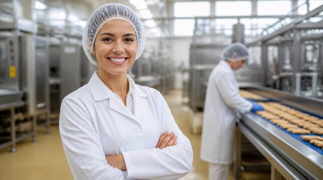 Smiling woman wearing white lab coat in production area of food factory.