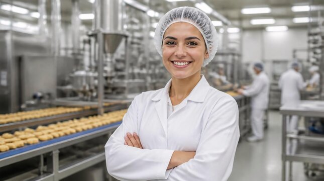 Smiling woman wearing white lab coat in production area of food factory.