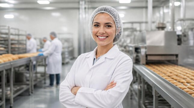 Smiling woman wearing white lab coat in production area of food factory.