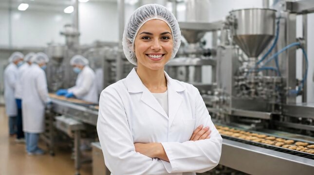 Smiling woman wearing white lab coat in production area of food factory.