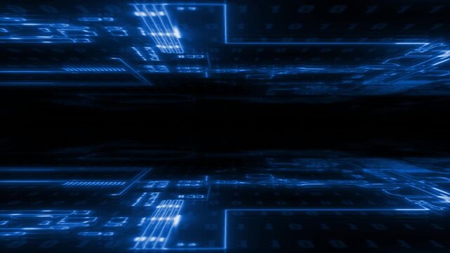 Royal blue  color microchip glowing big data transfer binary code flowing hi tech design seamless black technology background