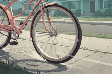 Obraz premium Bicycle wheel closeup on suburban sidewalk with retro motion streaks and 90s vibe