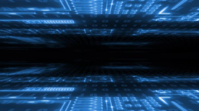 Royal blue  color microchip glowing big data transfer binary code flowing hi tech design seamless black technology background