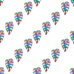 seamless pattern of bright multicolored monstera or philodendron leaf, hand drawn watercolor isolated on white background © Olena Seiryk