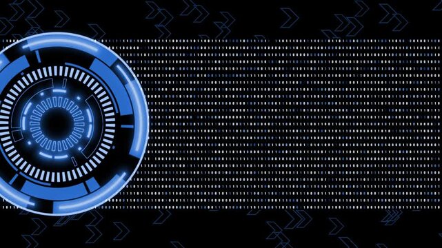 Royal blue  color rotating HUD animation with moving hollow arrows and binary code hi tech design black technology background