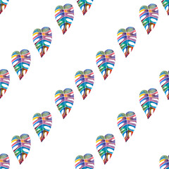 seamless pattern of bright multicolored monstera or philodendron leaf, hand drawn watercolor isolated on white background © Olena Seiryk