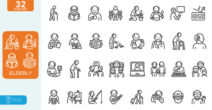 Elderly Vector illustration line editable Icons set. Care, pension, senior, grandparents, wheelchair, doctor, alzheimer, caregiver, retirement, collection. on white background.