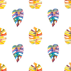 seamless pattern of multicolored monstera or philodendron leaves, hand drawn watercolor isolated on white background © Olena Seiryk