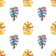 seamless pattern of multicolored monstera or philodendron leaves, hand drawn watercolor isolated on white background © Olena Seiryk