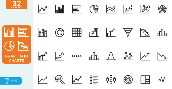 Graph and Charts Vector illustration line editable Icons set. Graphics, infographic, statistics, data, diagrams, economy reduction, finance, arrow, business, increase, decrease. on white background.