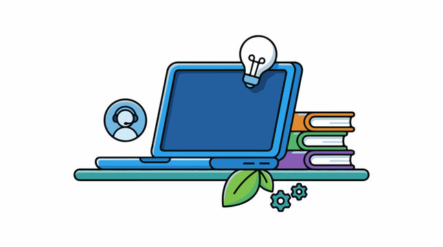A blue laptop with books and a lightbulb on a table