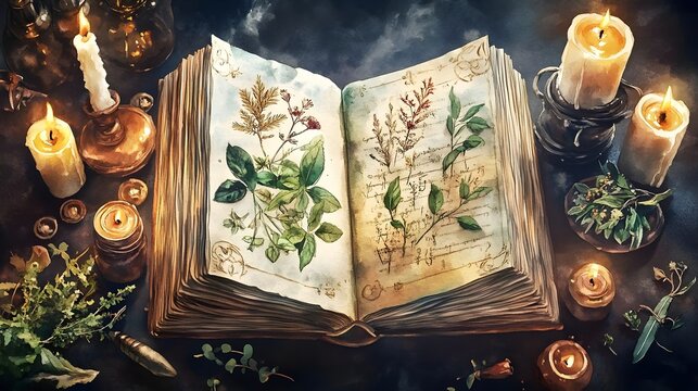 Mystical herbal book surrounded by candles with hand-drawn plant illustrations and ancient notes