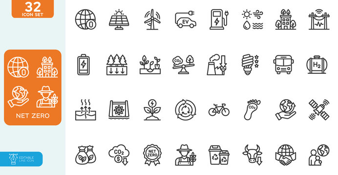 Net Zero Vector illustration line editable Icons set. Green energy, CO2 neutral, gas emissions, climate, ecology, collection. on white background.