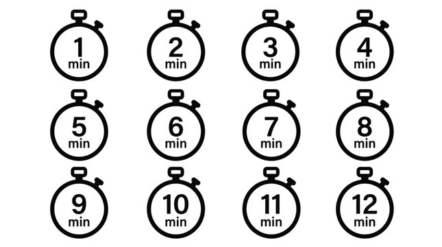 Twelve black vector stopwatch icons representing time duration intervals for professional creative graphic design projects today