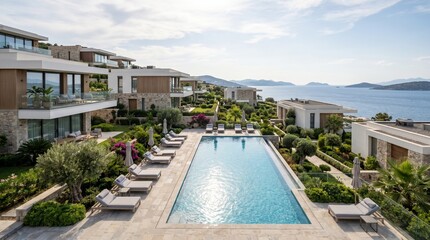 Fototapeta premium Luxury poolside resort with modern villas and ocean view
