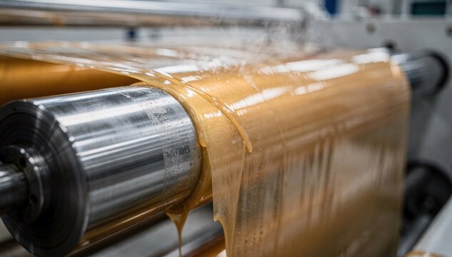 Medium shot showcasing molten CPP film casting on chill roll emphasizing flexibility and glossy finish during the cooling process.