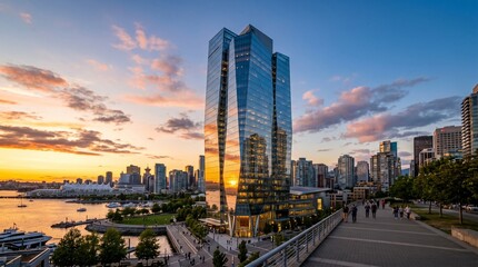 Fototapeta premium Modern cityscape with sleek skyscrapers at sunset