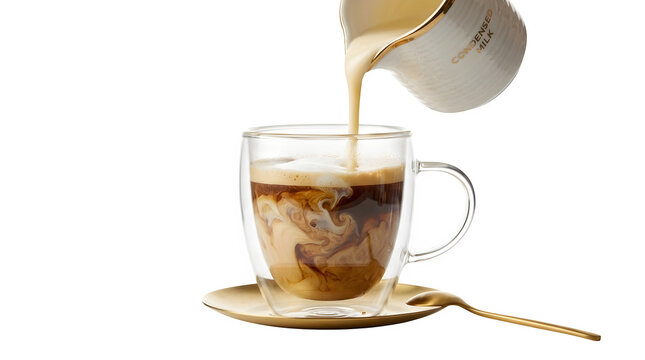 Creamy condensed milk pours from a white ceramic pitcher into a clear glass double walled cup filled with dark aromatic coffee sitting on a shiny gold saucer with matching spoon.