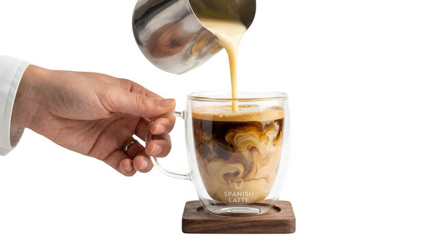 A professional hand pours creamy condensed milk into a transparent glass mug containing rich espresso coffee to create a delicious spanish latte on a dark wooden coaster isolated on white