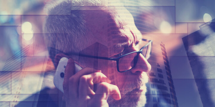 Senior businessman talking on phone, double exposure, geometric pattern